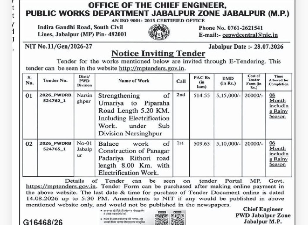 🏗️ Notice Inviting Tender | Public Works Department, Jabalpur Zone