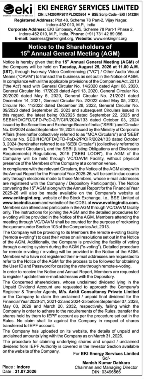 📢 Notice to Shareholders – 15th Annual General Meeting (AGM) | Indore, Madhya Pradesh