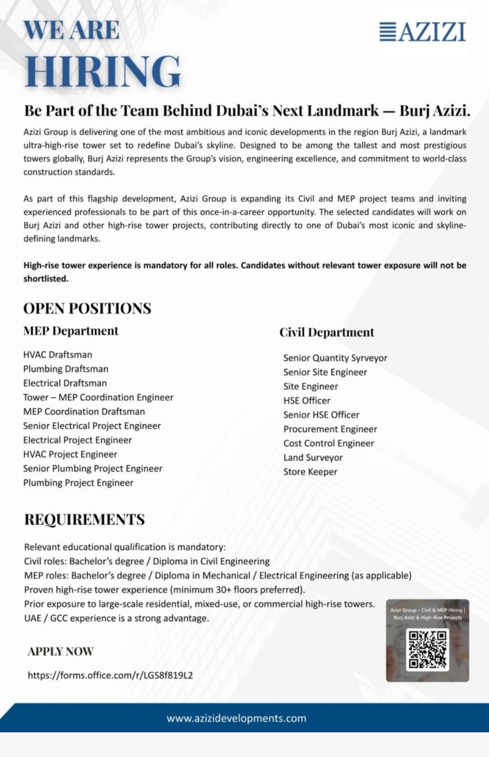 🏗️ Now Hiring – Azizi Group | Burj Azizi Project, Dubai 🇦🇪