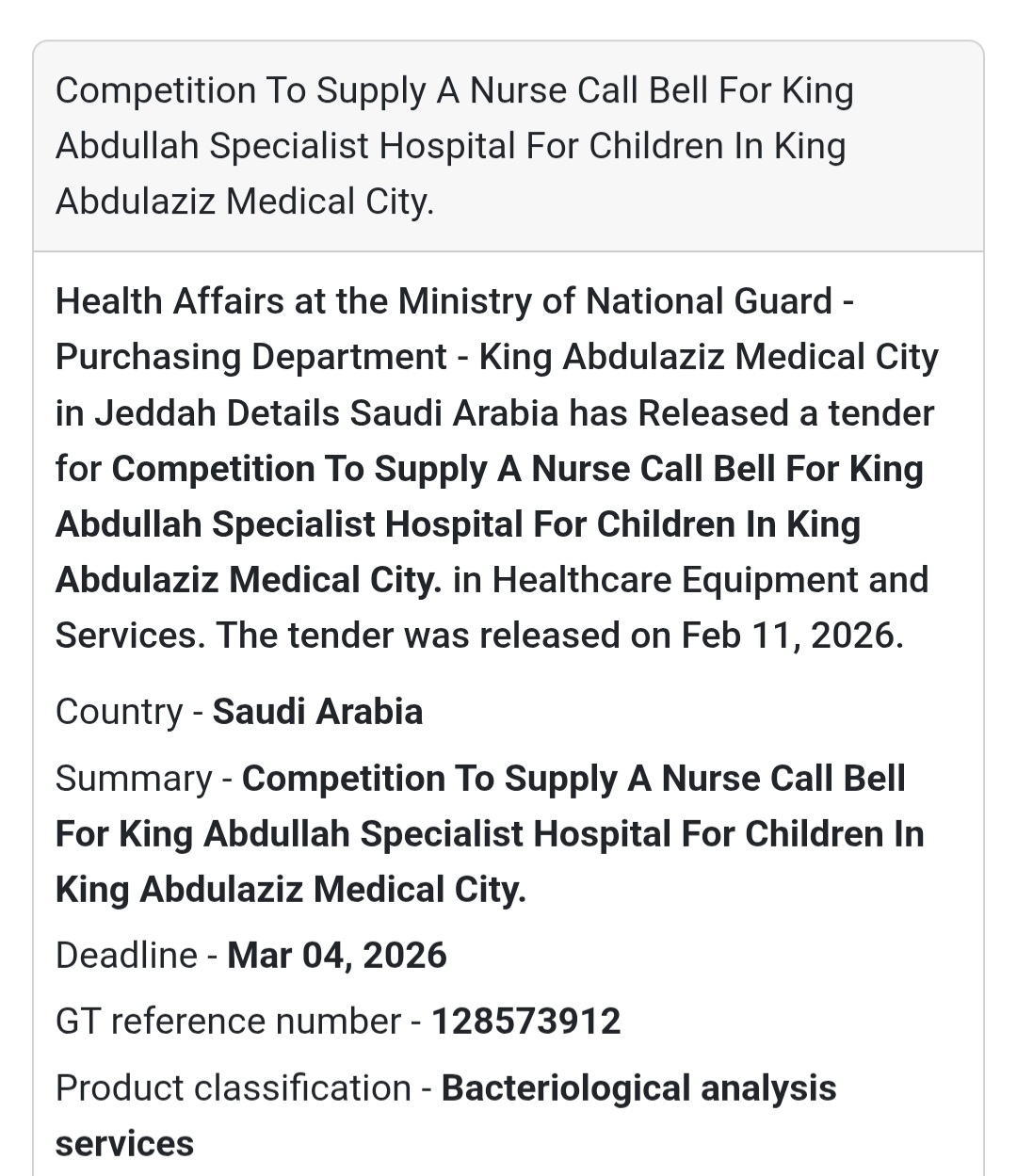 🔔 Nurse Call Bell Supply – King Abdullah Specialist Hospital for Children