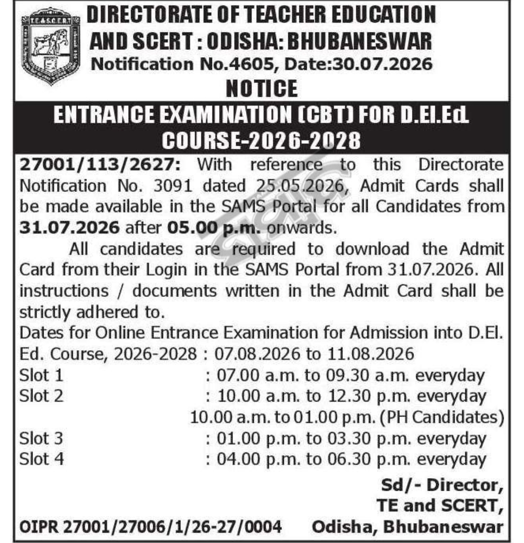 🎓 Odisha D.El.Ed Entrance Examination Notice