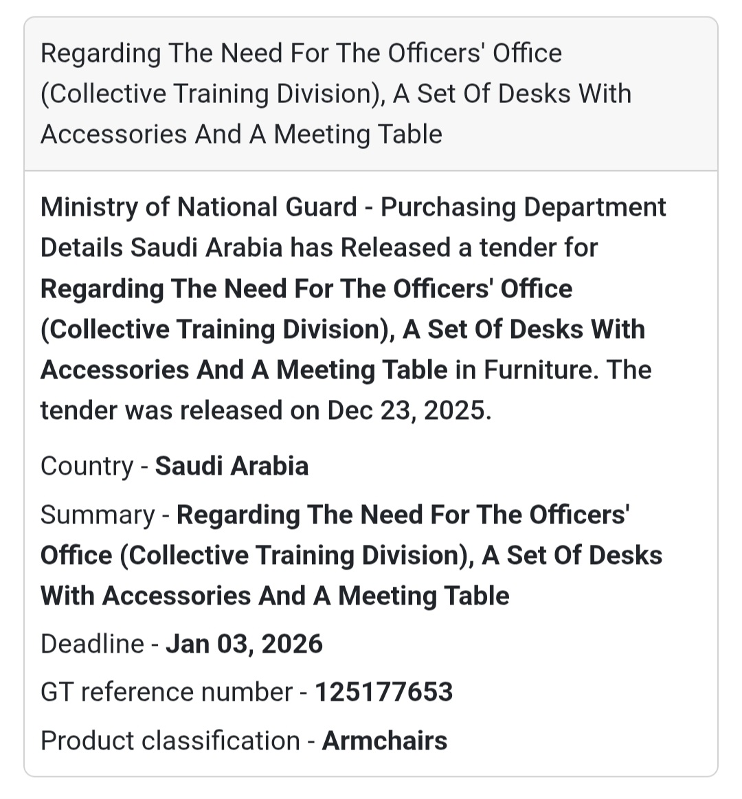 🪑 Office Furniture Supply Tender – Saudi Arabia 🇸🇦