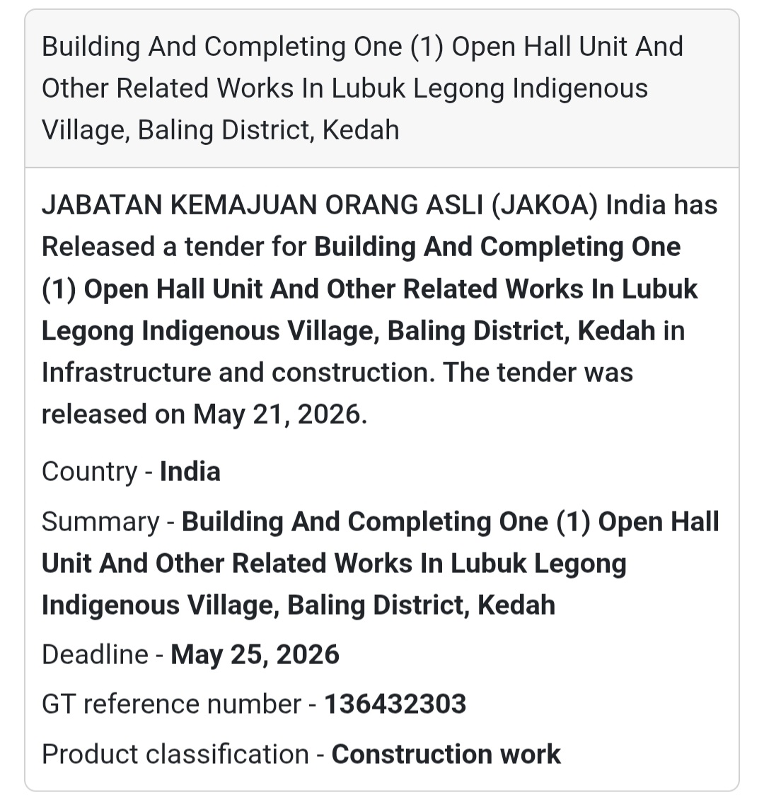 🏗️ Open Hall Construction Tender