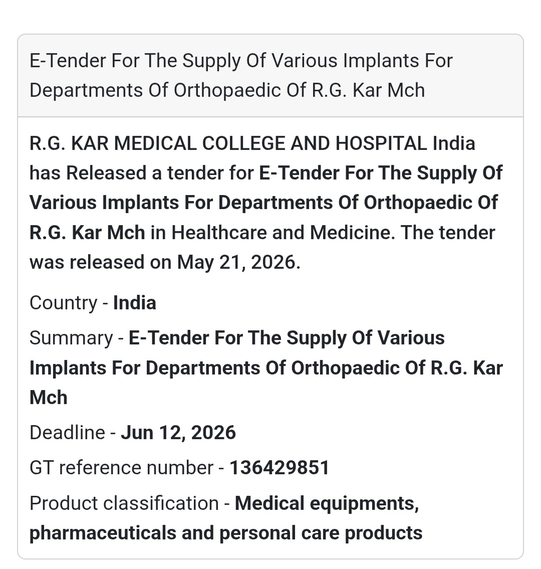 🦴 Orthopaedic Implants Supply Tender |