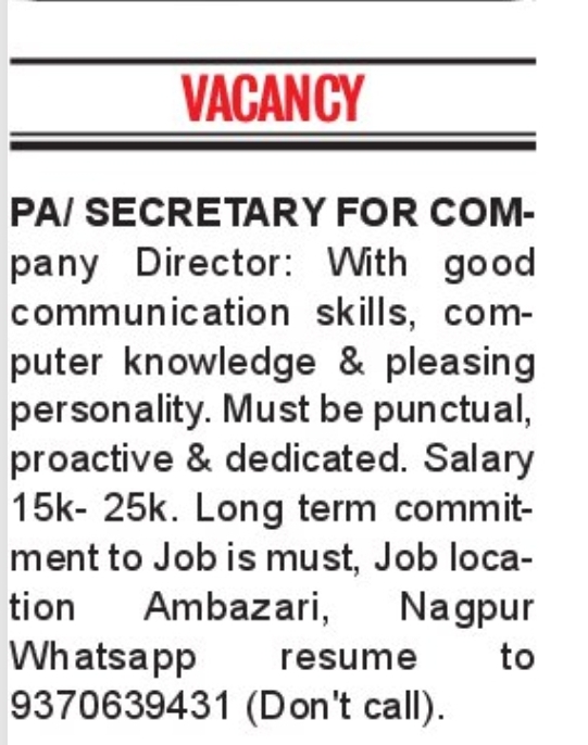 📋 PA / Secretary Vacancy