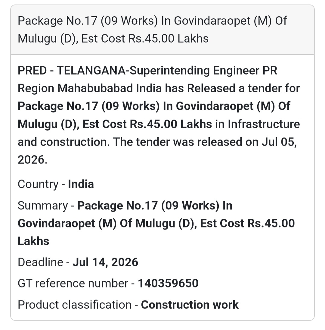🏗️ Package No. 17 (09 Works) – Govindaraopet, Mulugu District 🚜