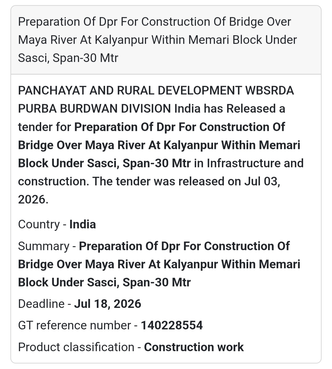 🌉 Panchayat & Rural Development (WBSRDA) Tender – Purba Bardhaman, West Bengal