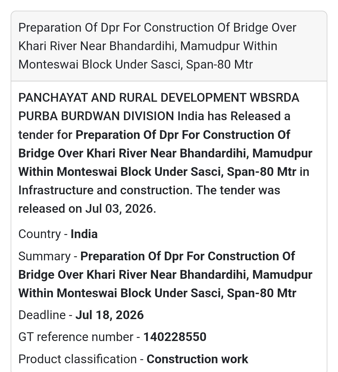 🌉 Panchayat & Rural Development (WBSRDA) Tender – Purba Bardhaman, West Bengal