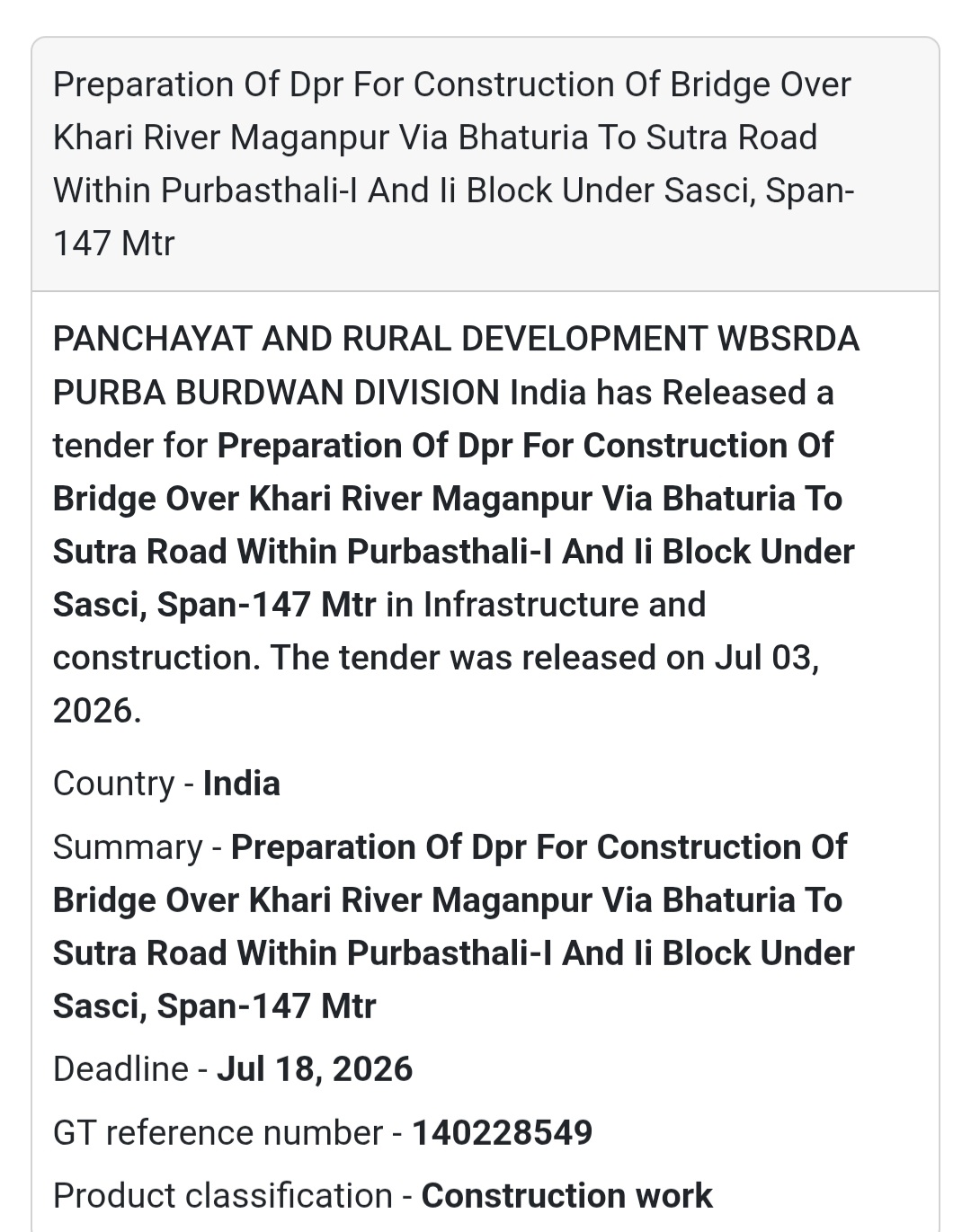 🌉 Panchayat & Rural Development (WBSRDA) Tender – Purba Bardhaman, West Bengal