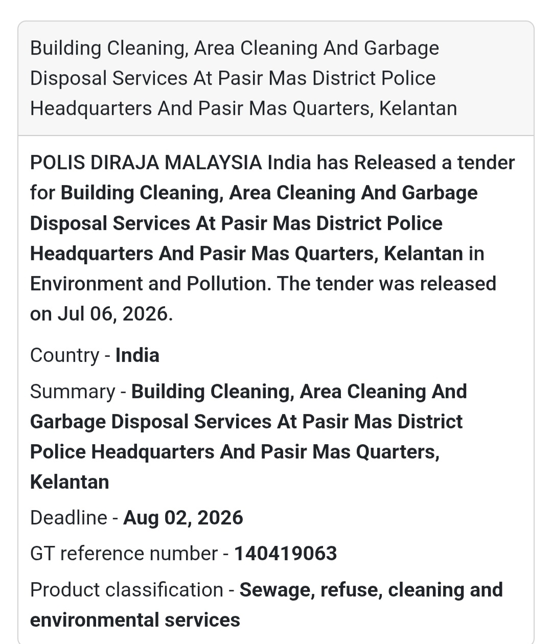 🧹 Pasir Mas Police Headquarters Tender | Malaysia
