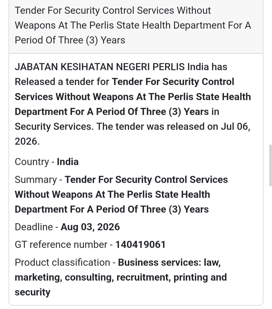 🛡️ Perlis State Health Department Tender | Malaysia