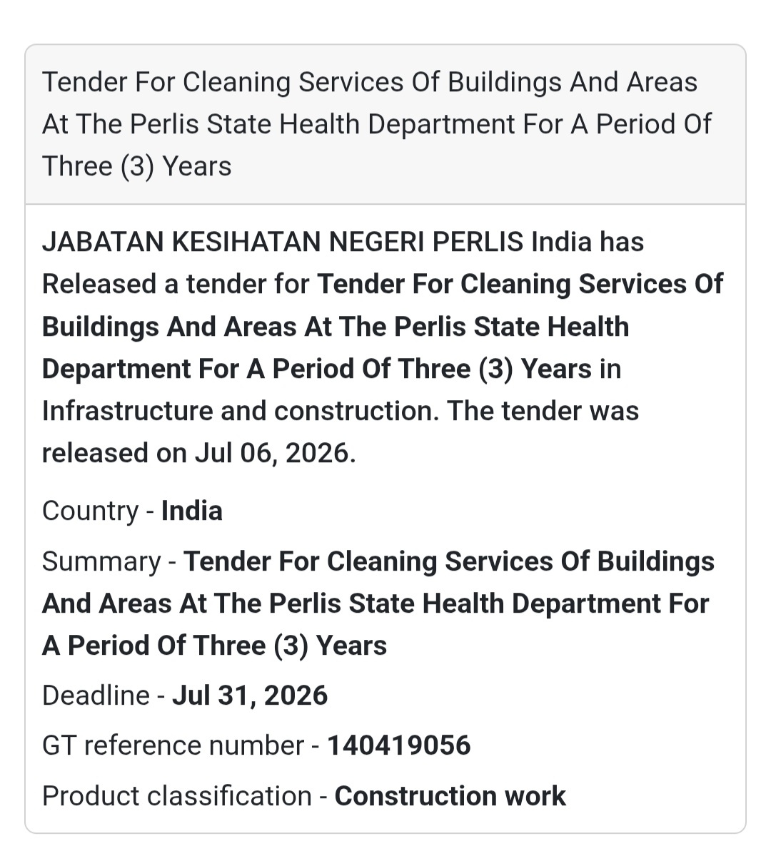🧹 Perlis State Health Department Tender | Malaysia