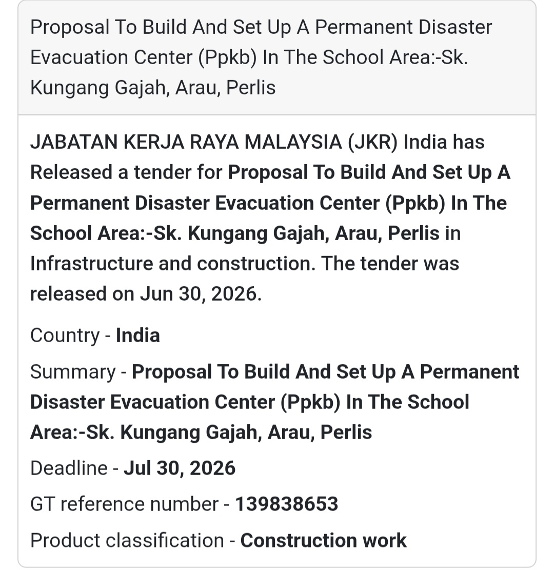 🏗️ Permanent Disaster Evacuation Center Construction Tender – Arau, Perlis, Malaysia