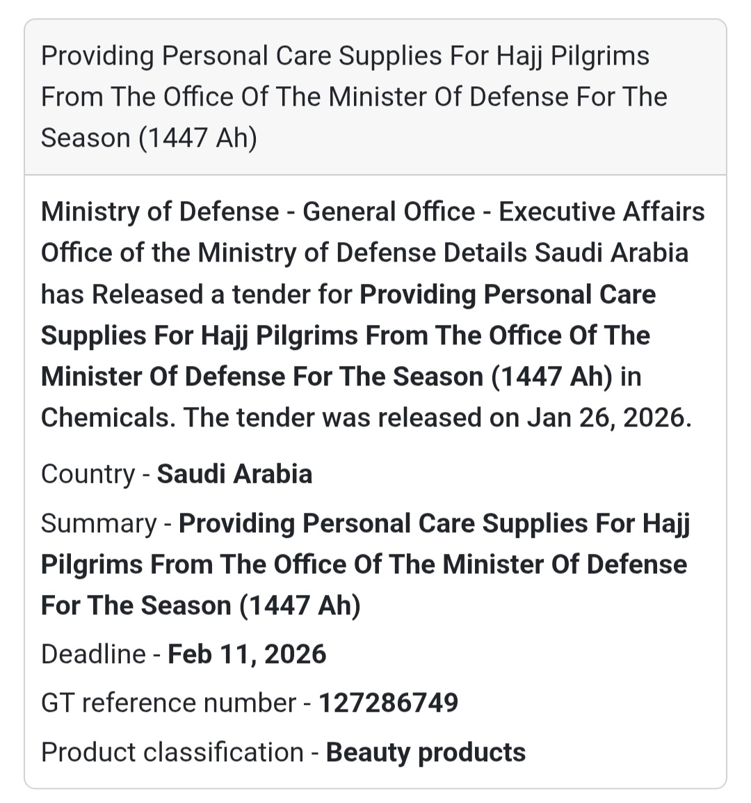 🧴 Personal Care Supplies – Hajj Season 1447 AH