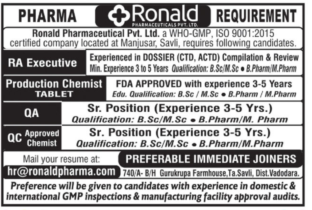 PHARMA Ronald REQUIREMENT at savli
