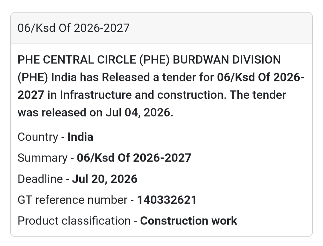 💧 PHE Burdwan Division Tender | 06/KSD of 2026–2027 📍