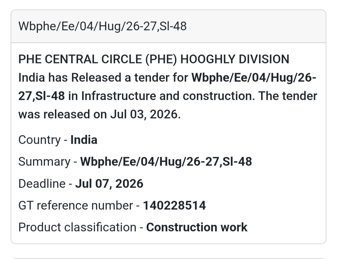🚧 PHE Central Circle (PHE) Hooghly Division Tender – Hooghly, West Bengal📢 New Tender Alert!