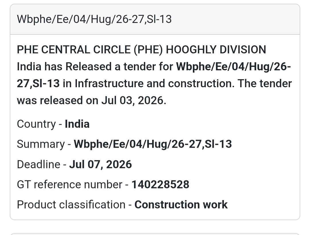 🚧 PHE Central Circle (PHE) Hooghly Division Tender – Hooghly, West Bengal📢 New Tender Alert!
