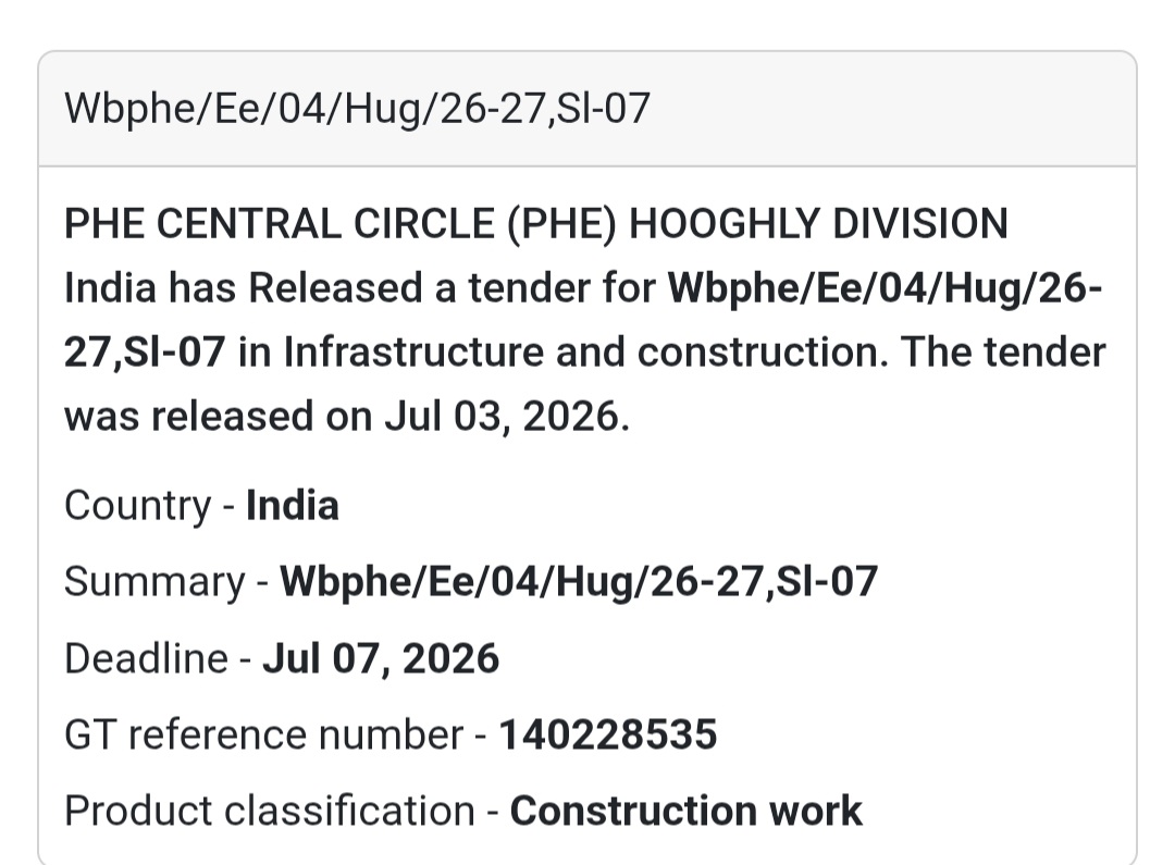 🚧 PHE Central Circle (PHE) Hooghly Division Tender – Hooghly, West Bengal📢 New Tender Alert!