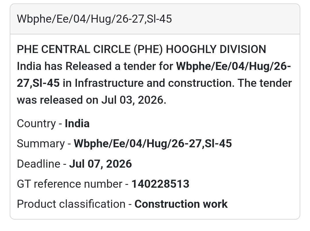 🚧 PHE Central Circle (PHE) Hooghly Division Tender – Hooghly, West Bengal