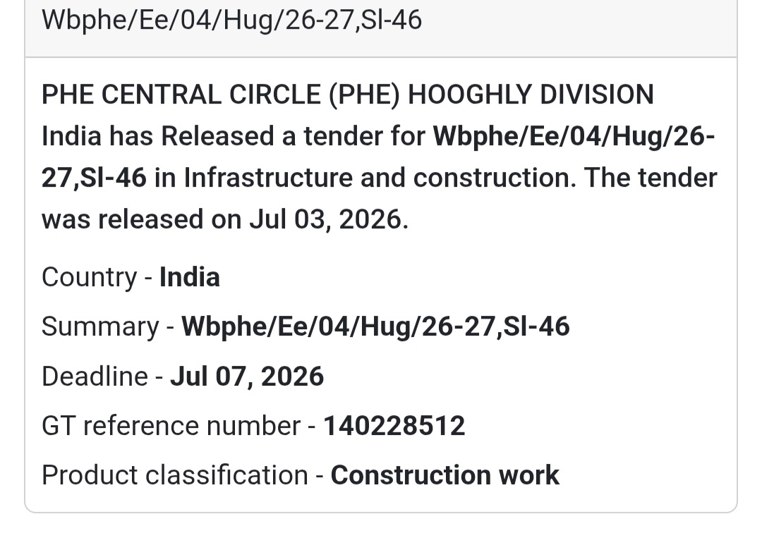 🚧 PHE Central Circle (PHE) Hooghly Division Tender – Hooghly, West Bengal