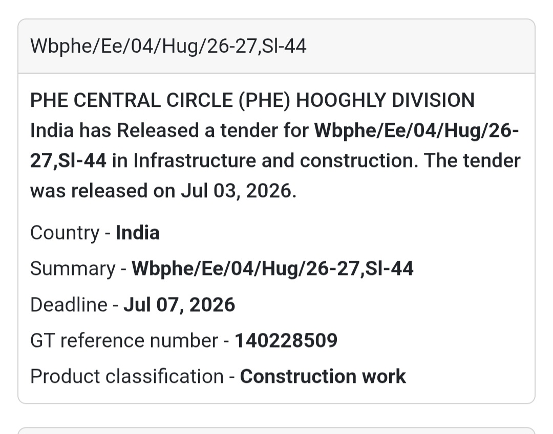 🚧 PHE Central Circle (PHE) Hooghly Division Tender – Hooghly, West Bengal