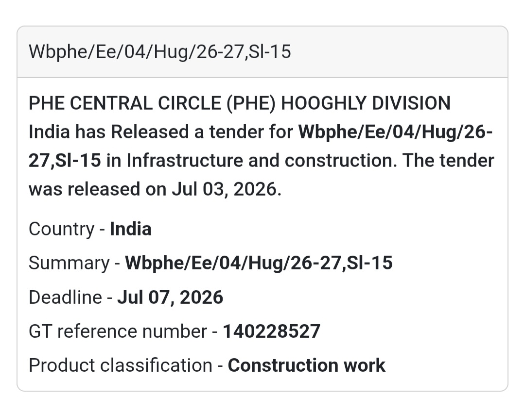 🚧 PHE Central Circle (PHE) Hooghly Division Tender – Hooghly, West Bengal