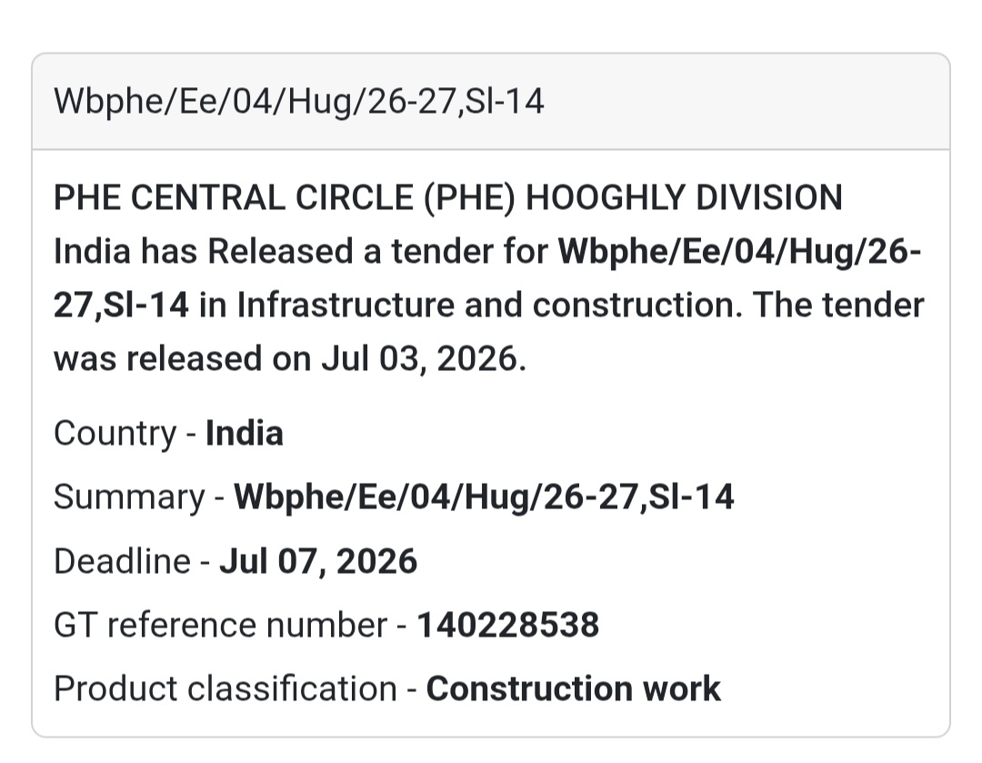🚧 PHE Central Circle (PHE) Hooghly Division Tender – Hooghly, West Bengal