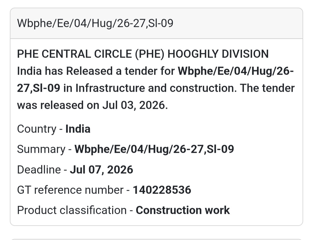 🚧 PHE Central Circle (PHE) Hooghly Division Tender – Hooghly, West Bengal