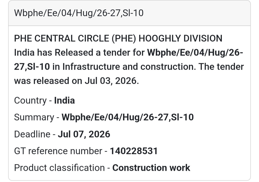 🚧 PHE Central Circle (PHE) Hooghly Division Tender – Hooghly, West Bengal