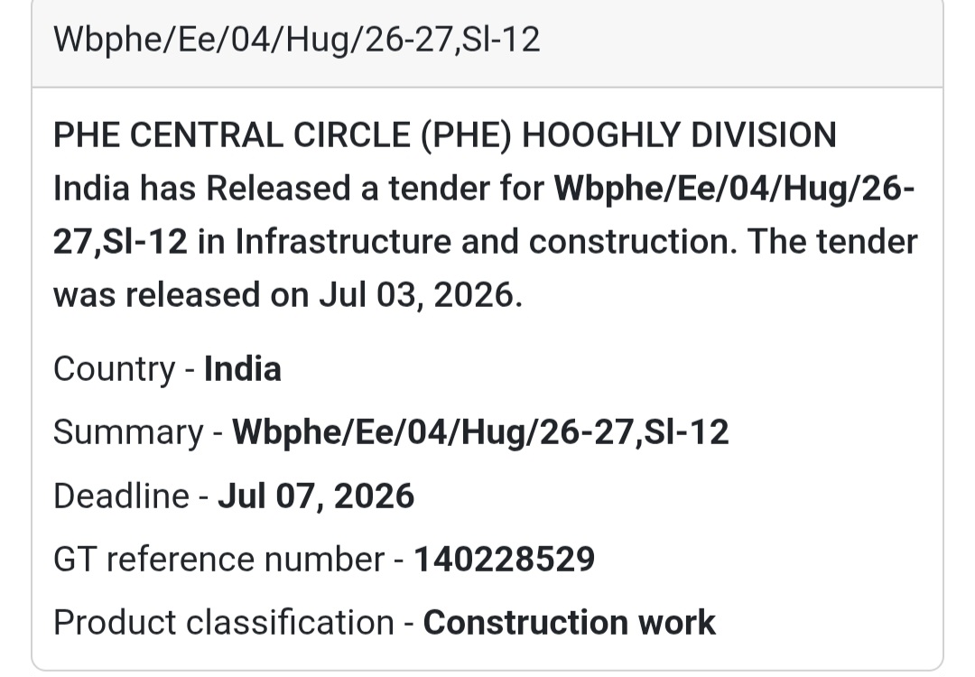 🚧 PHE Central Circle (PHE) Hooghly Division Tender – Hooghly, West Bengal