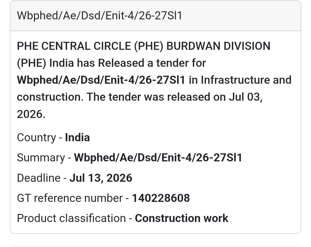 🚰 PHE Central Circle Tender – Burdwan, West Bengal