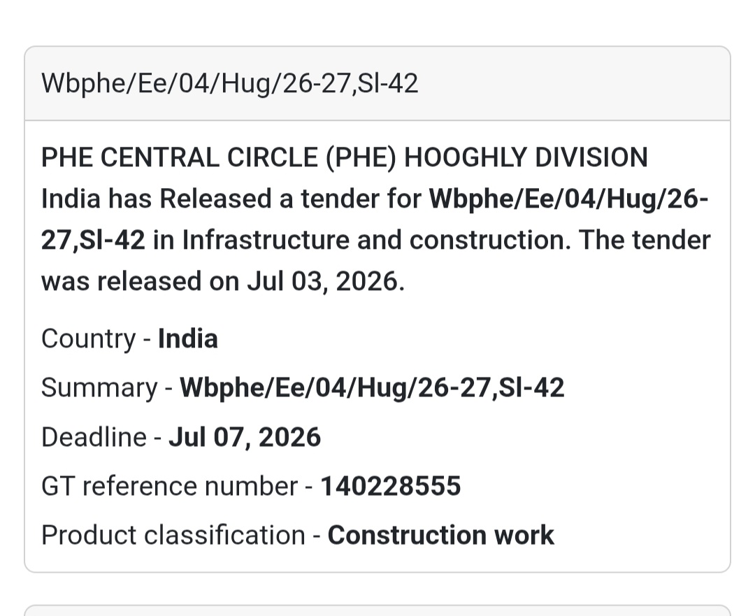 🚧 PHE Central Circle Tender – Hooghly, West Bengal