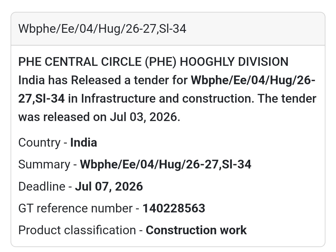 🚧 PHE Central Circle Tender – Hooghly, West Bengal