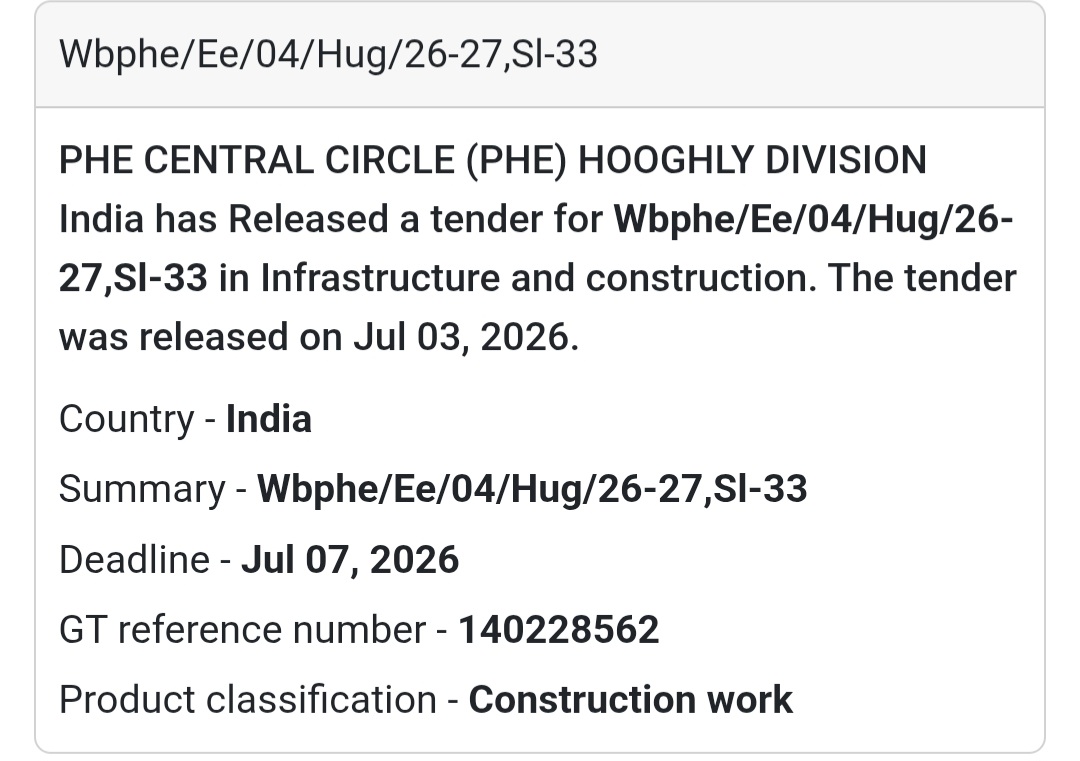 🚧 PHE Central Circle Tender – Hooghly, West Bengal