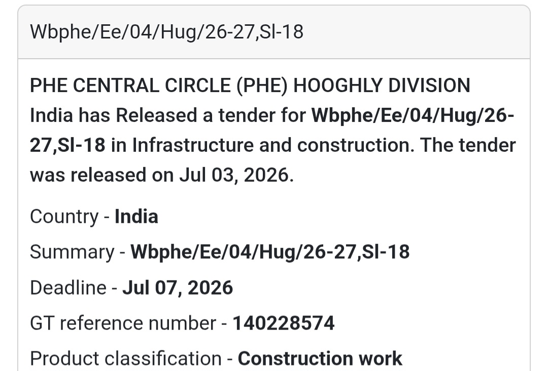 🚰 PHE Central Circle Tender – Hooghly, West Bengal