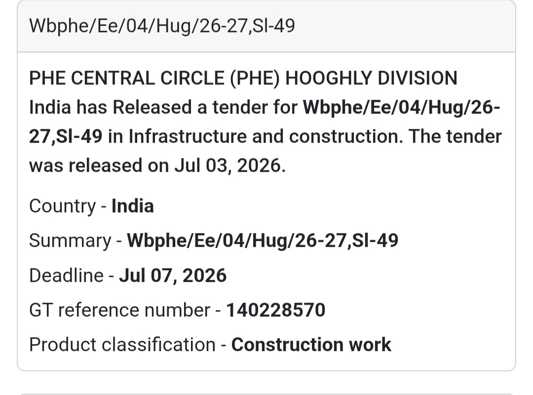 🚰 PHE Central Circle Tender – Hooghly, West Bengal