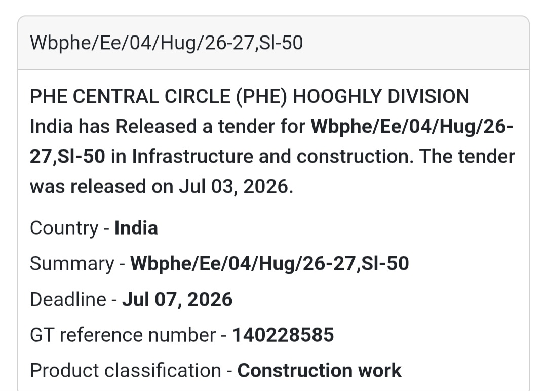 🚰 PHE Central Circle Tender – Hooghly, West Bengal