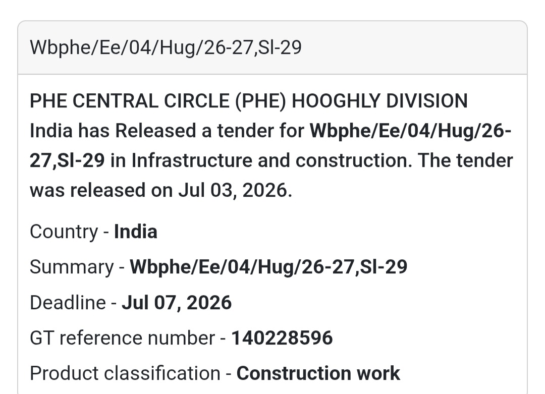 🚰 PHE Central Circle Tender – Hooghly, West Bengal