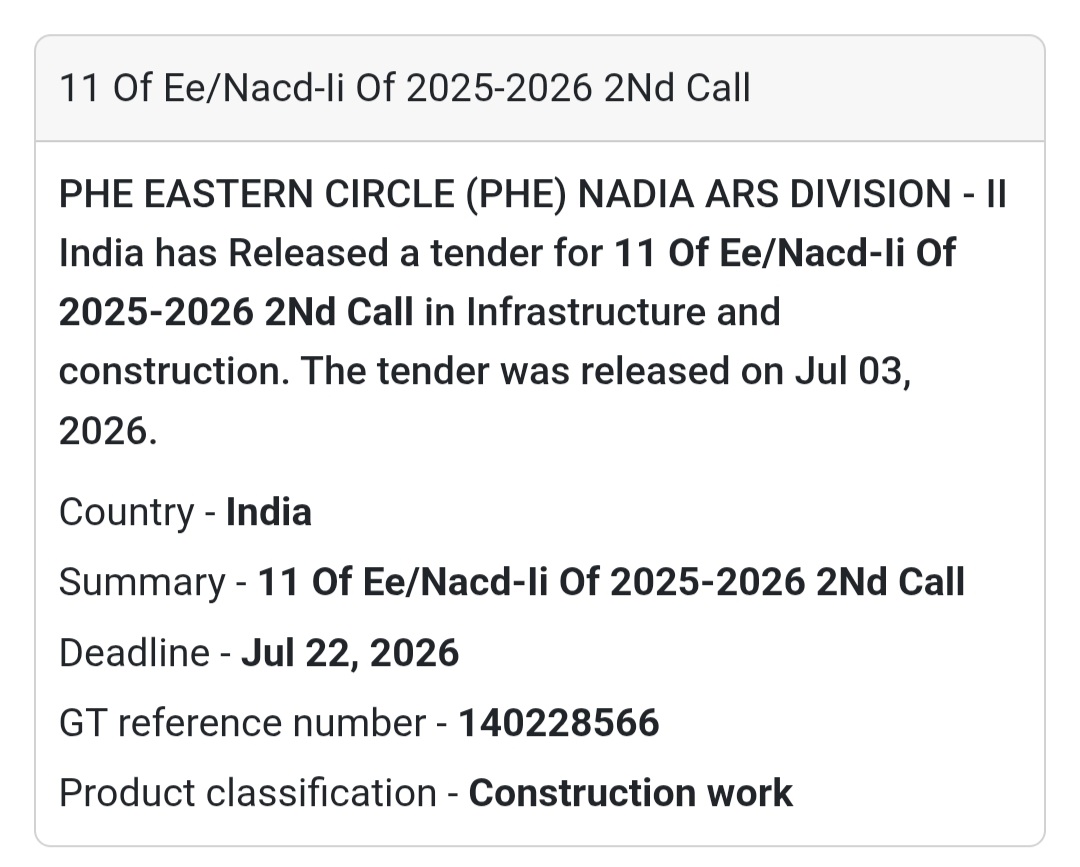 🚰 PHE Eastern Circle Tender – Nadia, West Bengal