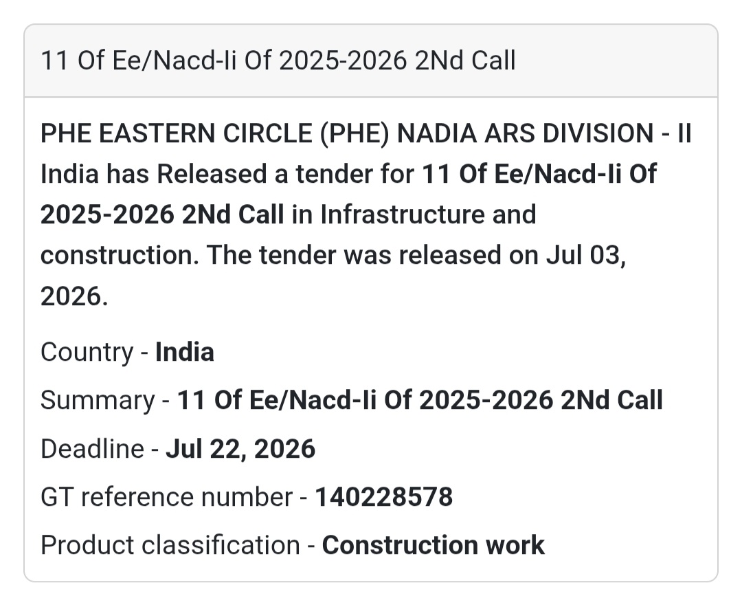 🚰 PHE Eastern Circle Tender – Nadia, West Bengal