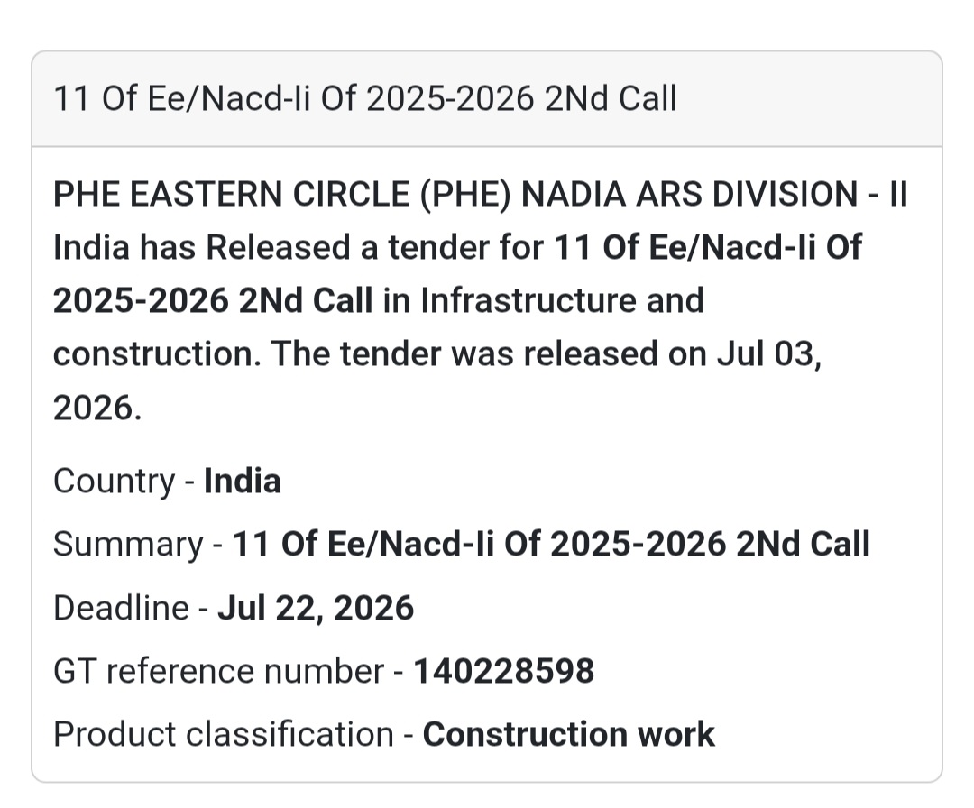 🚰 PHE Eastern Circle Tender – Nadia, West Bengal