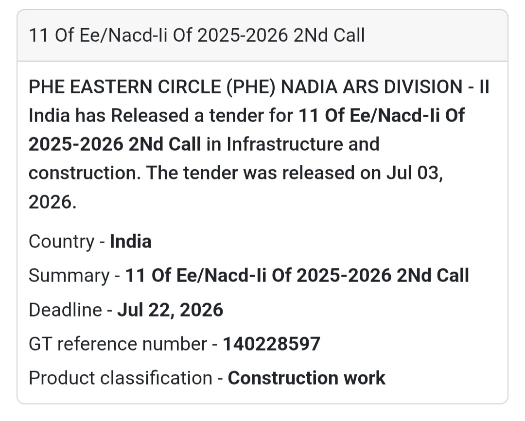 🚰 PHE Eastern Circle Tender – Nadia, West Bengal
