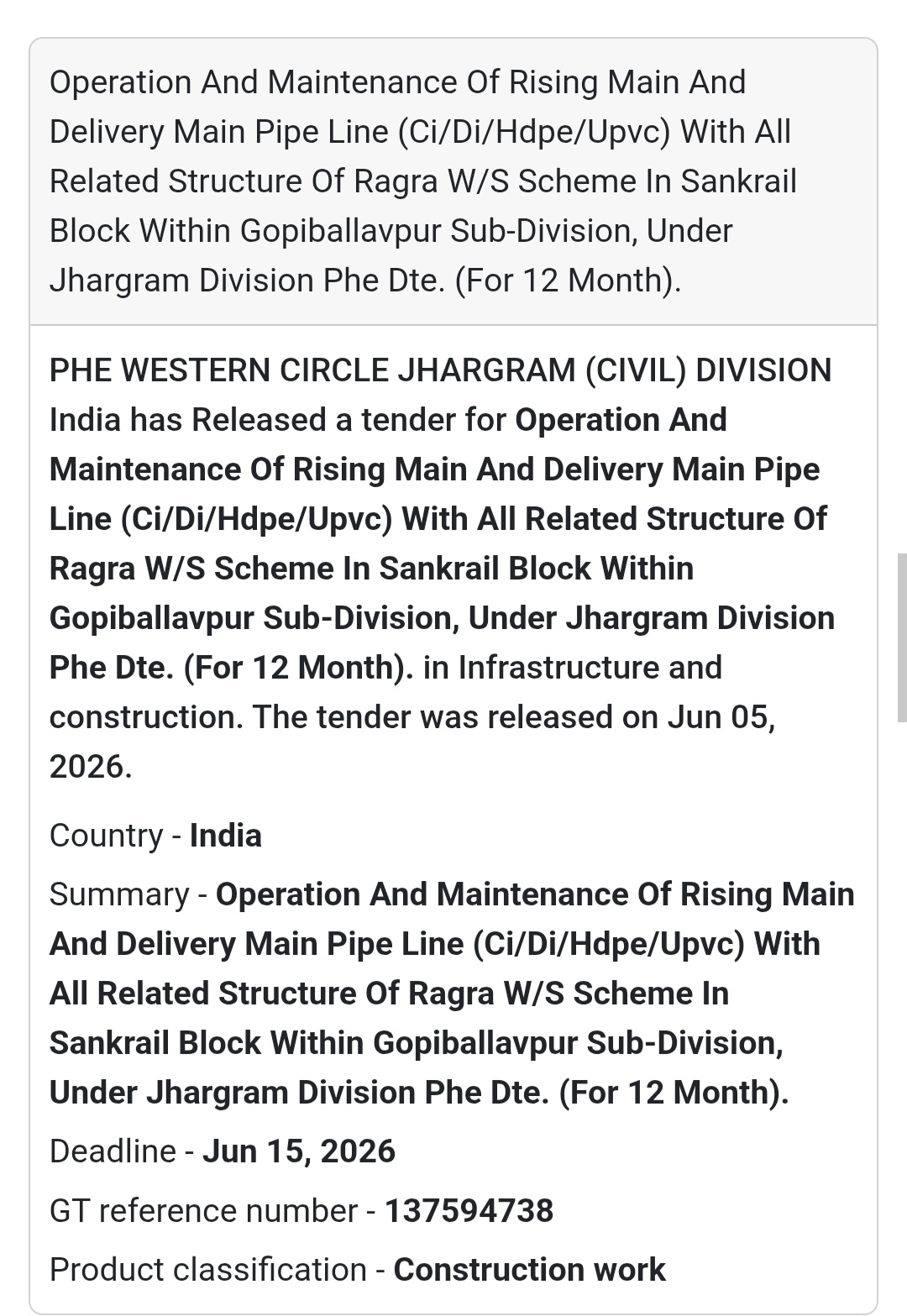💧 PHE Jhargram | Water Supply Scheme Maintenance Tender
