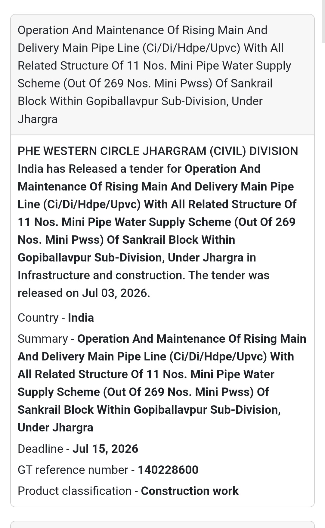 💧 PHE Western Circle Tender – Jhargram, West Bengal