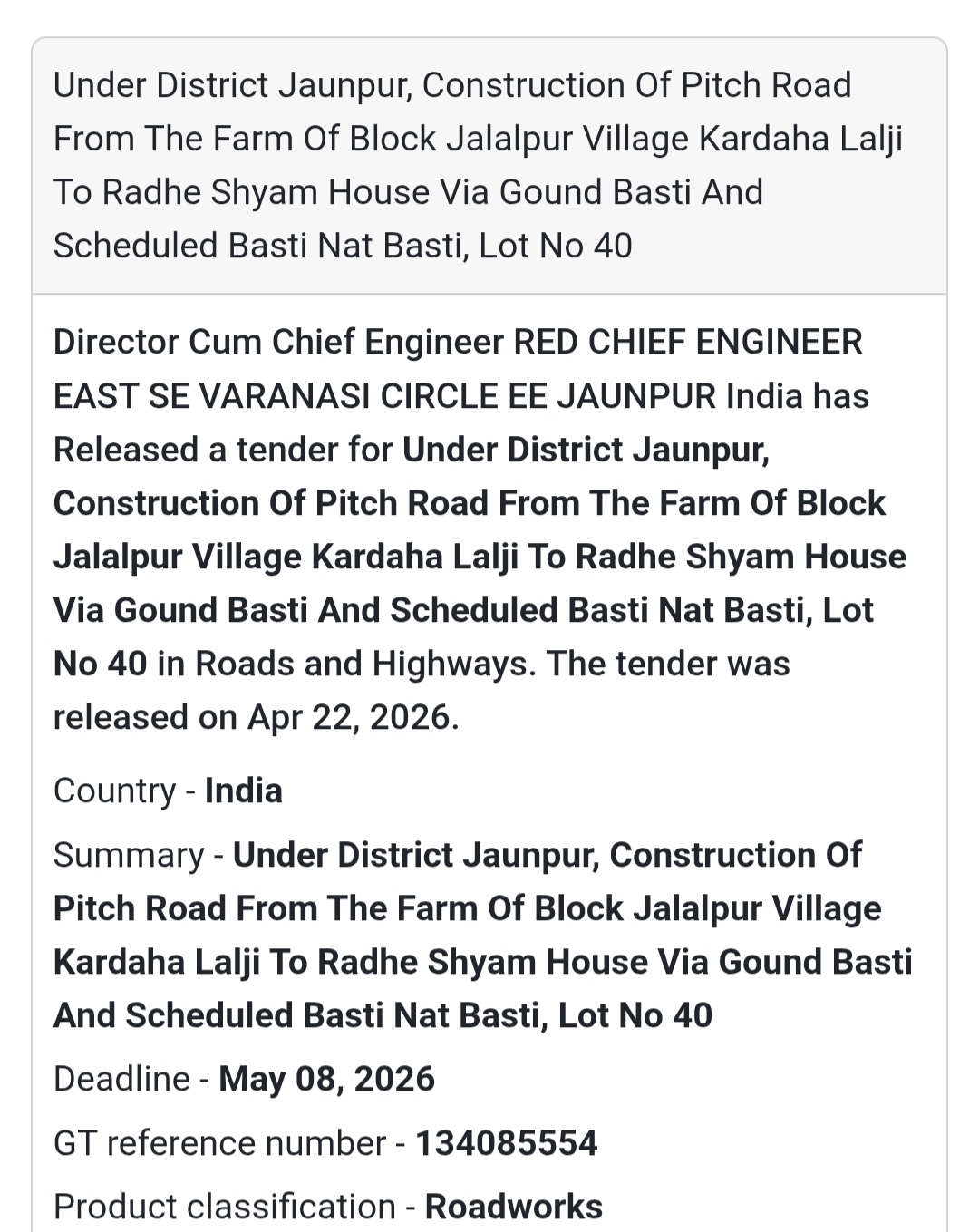 🛣️ Pitch Road Construction – Jalalpur Kardaha (Lot 40)