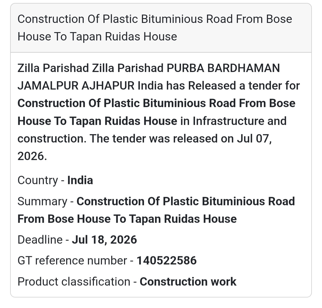 🛣️ Plastic Bituminous Road Construction – Bose House to Tapan Ruidas House (Purba Bardhaman, West Bengal)