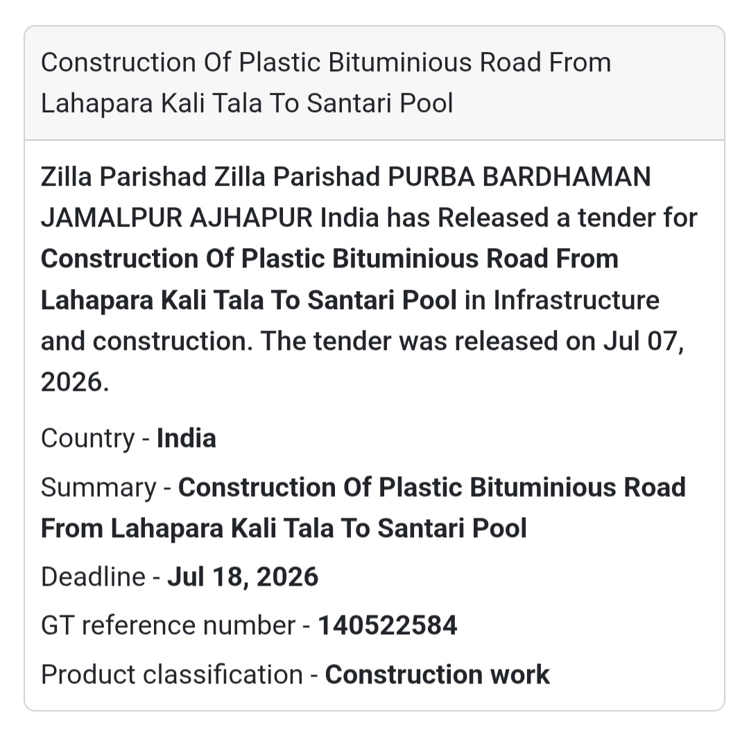 🛣️ Plastic Bituminous Road Construction – Lahapara Kali Tala to Santari Pool (Purba Bardhaman, West Bengal)