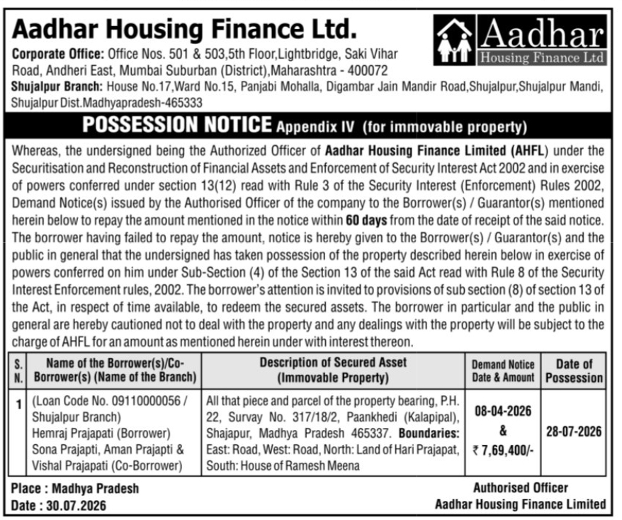 📢 Possession Notice – Aadhar Housing Finance Ltd. | Shajapur, Madhya Pradesh