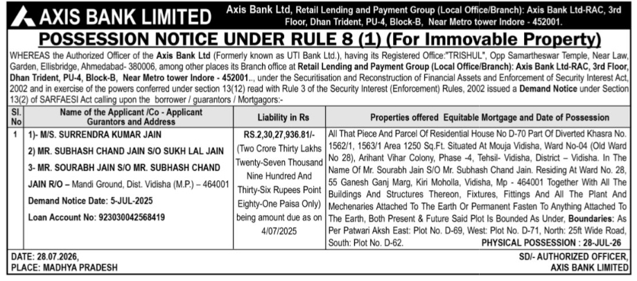 📢 Possession Notice – Axis Bank Limited | Vidisha, Madhya Pradesh